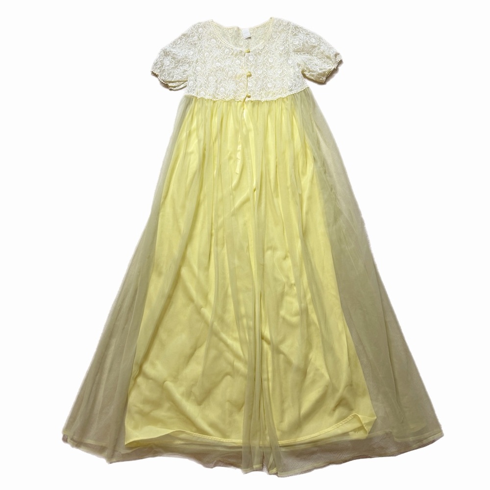 Vintage 60s Pastel Yellow Sheer Petticoat Boudoir Lace Nightgown XS Made in USA